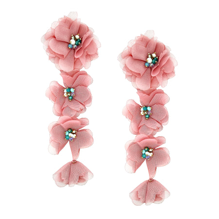 Pink Mesh Fabric Flower Bead Center Drop Pierced Earrings  6.5" Long X 1.75" Wide view 1