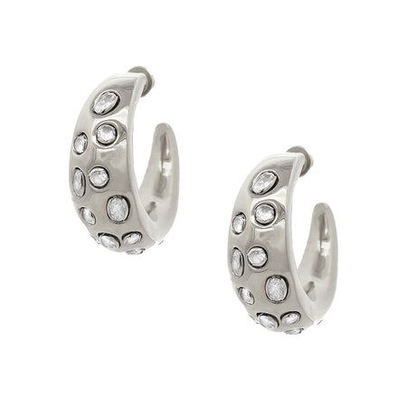 Multi Stone Hoop Pierced Earrings  White Gold Plated 1.80" Length X 0.67" Width