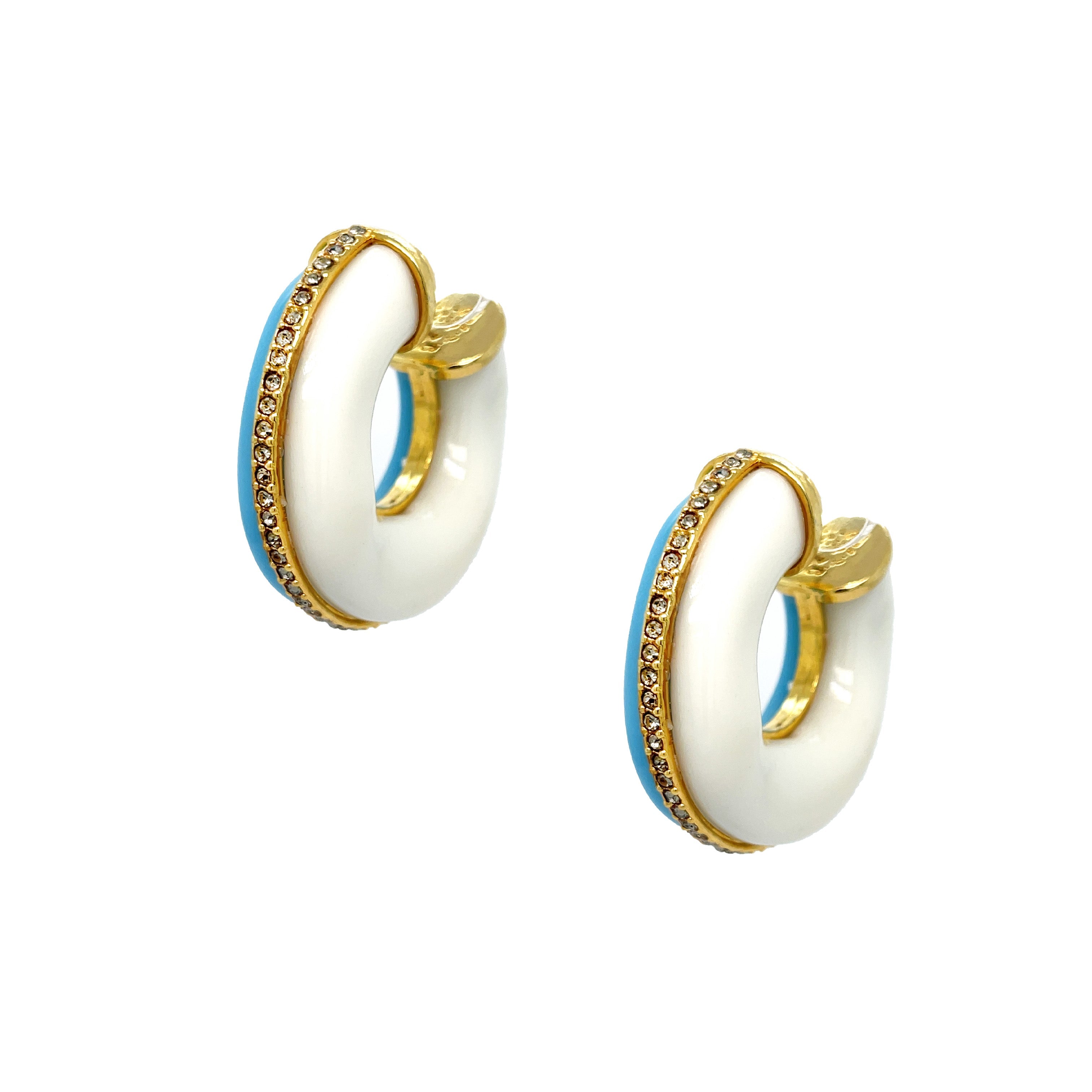 CZ, Turquoise &amp; White Hoop Pierced Earrings  Yellow Gold Plated 1.73" Long X 0.54" Wide