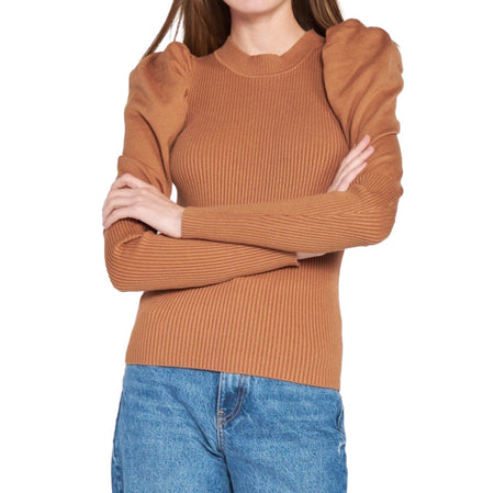 Brown Puff Sleeve Ribbed Sweater  50% Viscose 30% Nylon 20% Polyester Hand wash cold view 1