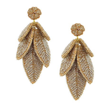 Gold Beaded Leaf Pierced Earrings  Yellow Gold Plated 4" Long X 2" Wide
