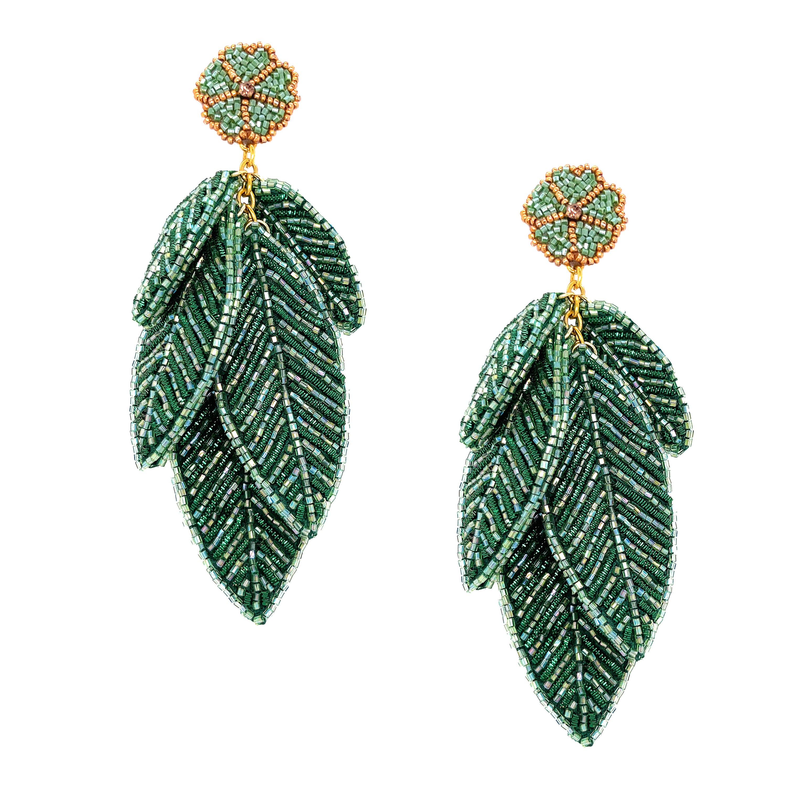 Green Beaded Leaf Pierced Earrings  Yellow Gold Plated 4" Long X 2" Wide