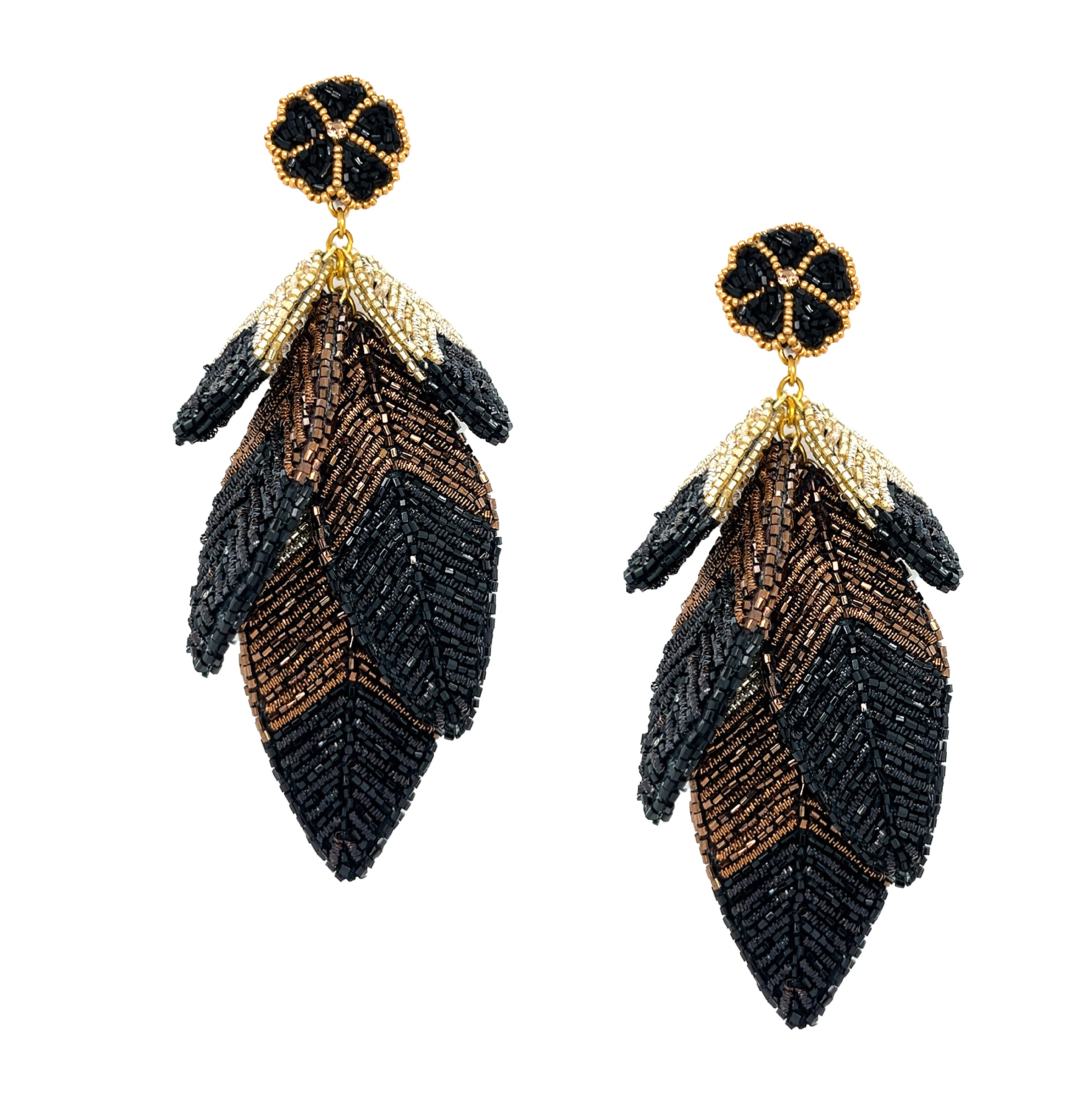 Black &amp; Brown Leaf Clip On Earrings

These Black Leaf Clip On Earrings feature a unique beaded design that makes a bold statement. Comfortable and stylish, they offer a standout look without the need for pierced ears.

Yellow Gold Plated
4" Long X 2" Wide