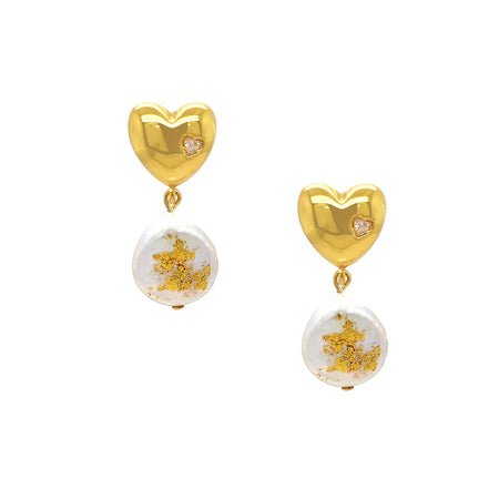 Heart &amp; Pearl Drop With Gold Flakes Pierced Earring  Yellow Gold Plated 1.25" Long X 0.50" Wide