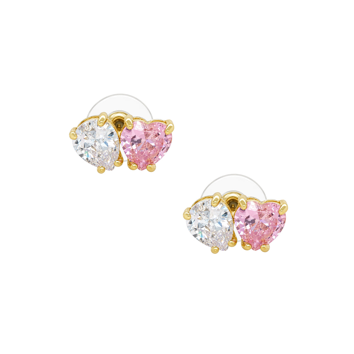 Clear &amp; Pink Heart Pierced Earrings

Yellow Gold Plated
0.37" Long X 0.62" Wide