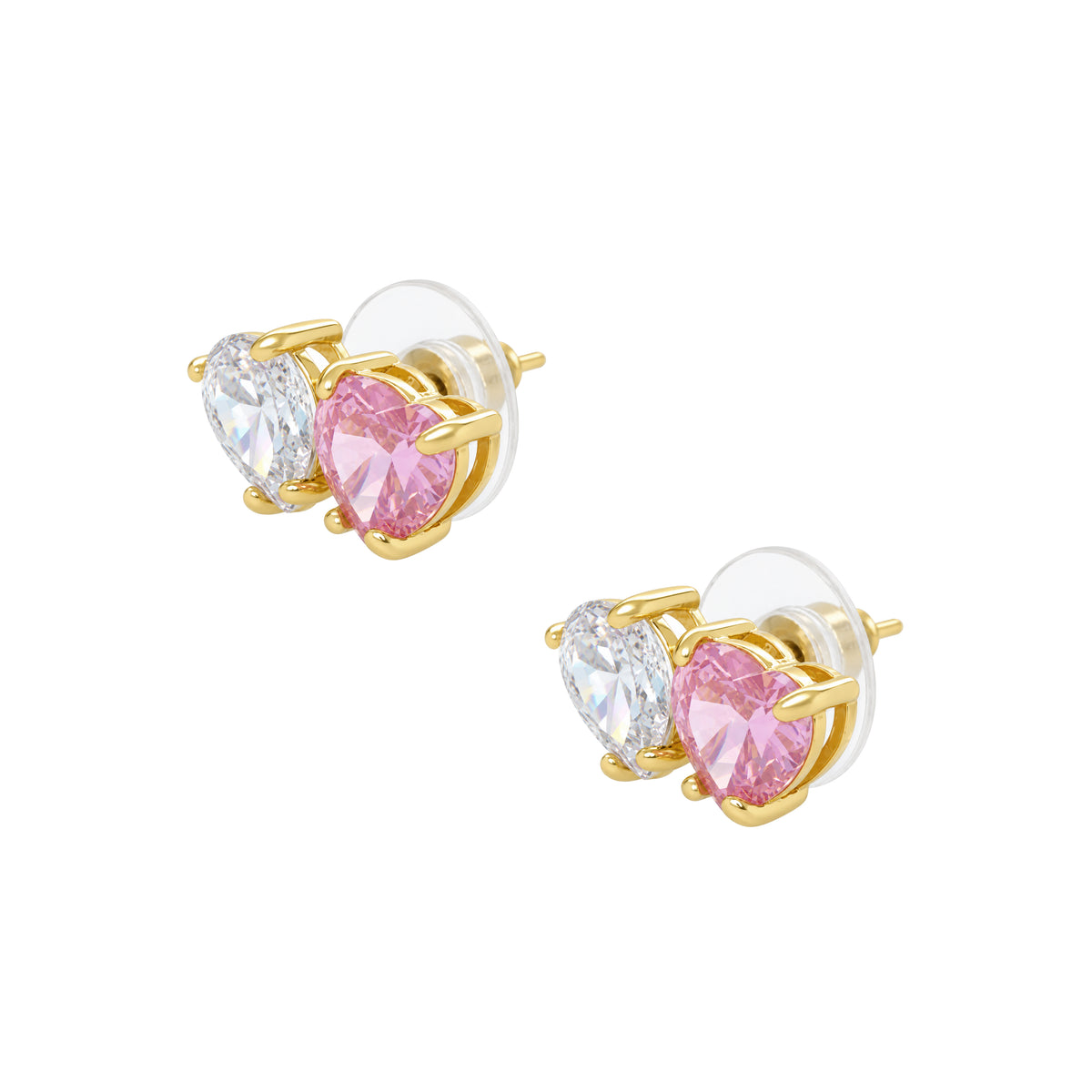 Clear &amp; Pink Heart Pierced Earrings

Yellow Gold Plated
0.37" Long X 0.62" Wide