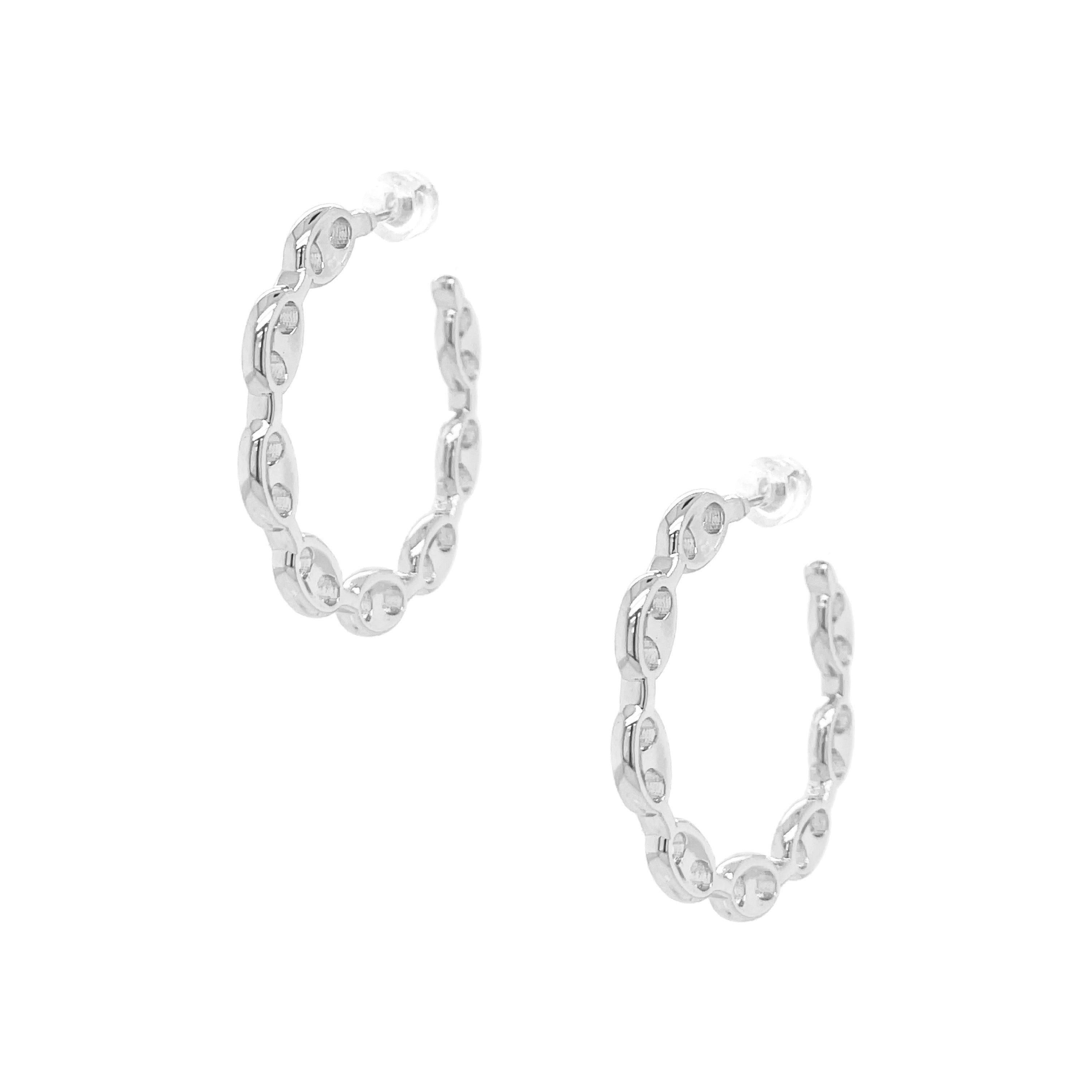 Flat Anchor Link Hoop Pierced Earrings&nbsp;  White Gold Plated 1.30" Diameter 0.20" Wide 0.08" Thick