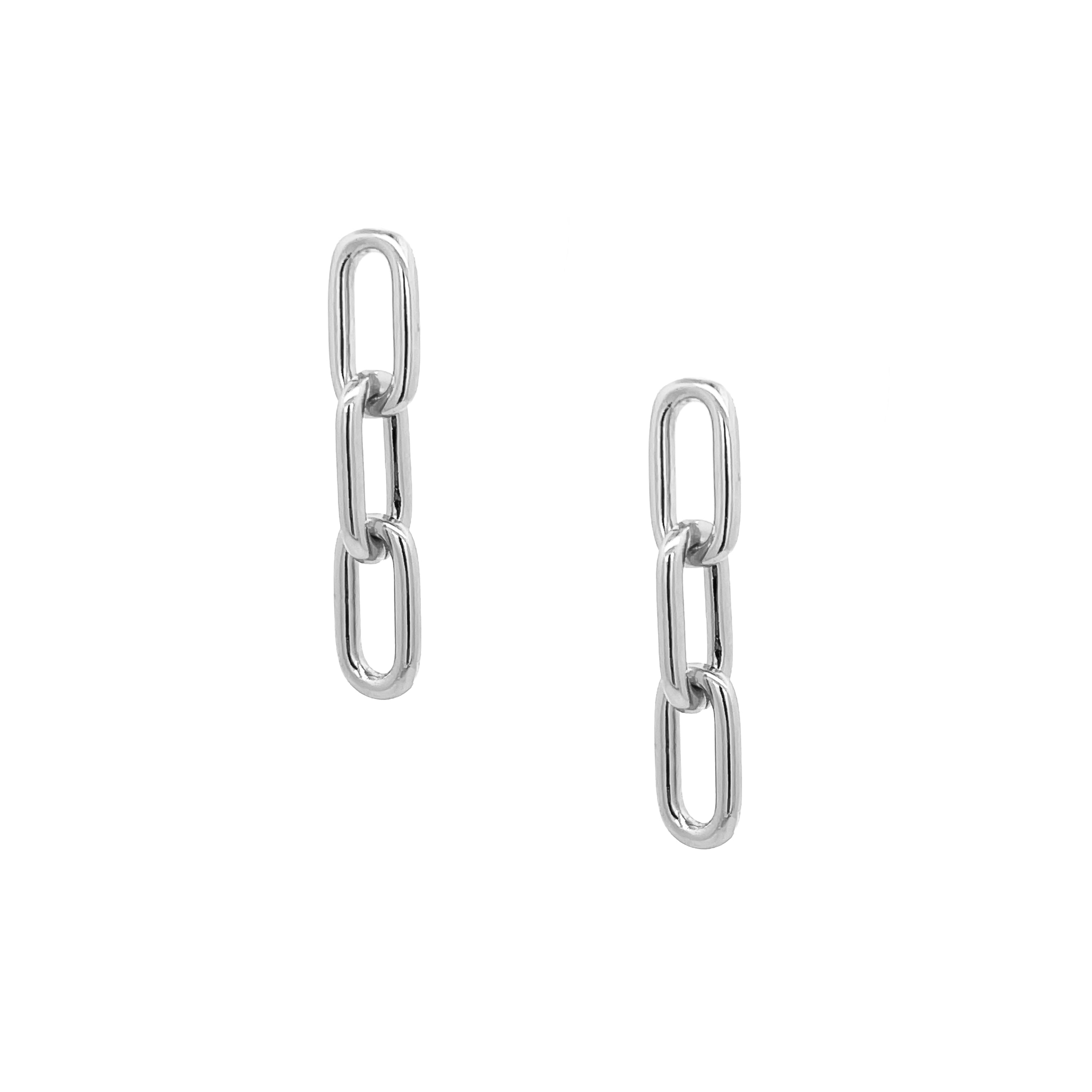 Dangle Paperclip Chain Pierced Earring  White Gold Plated 1.22"Long X 0.26" Wide