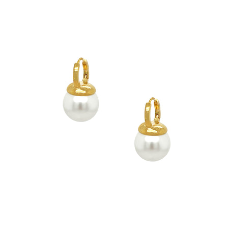 White Pearl Hoop Pierced Earrings  Yellow Gold Plated 0.95" Long X 0.54" Wide