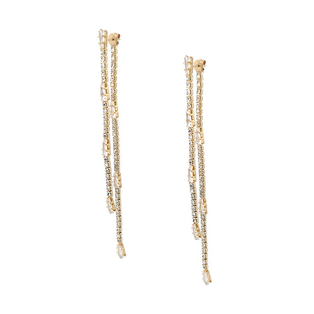Double Strand Crystal Pierced Earrings   Yellow Gold Plated Cubic Zirconia 3.32" Length X .13" Width