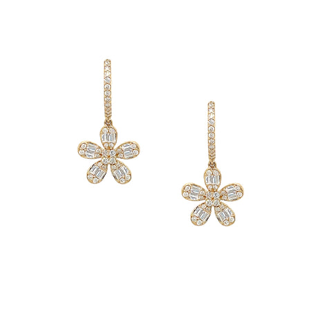 Baguette Diamond Flower Drop Pierced Earrings  14K Yellow Gold 0.80 Diamond Carat Weight