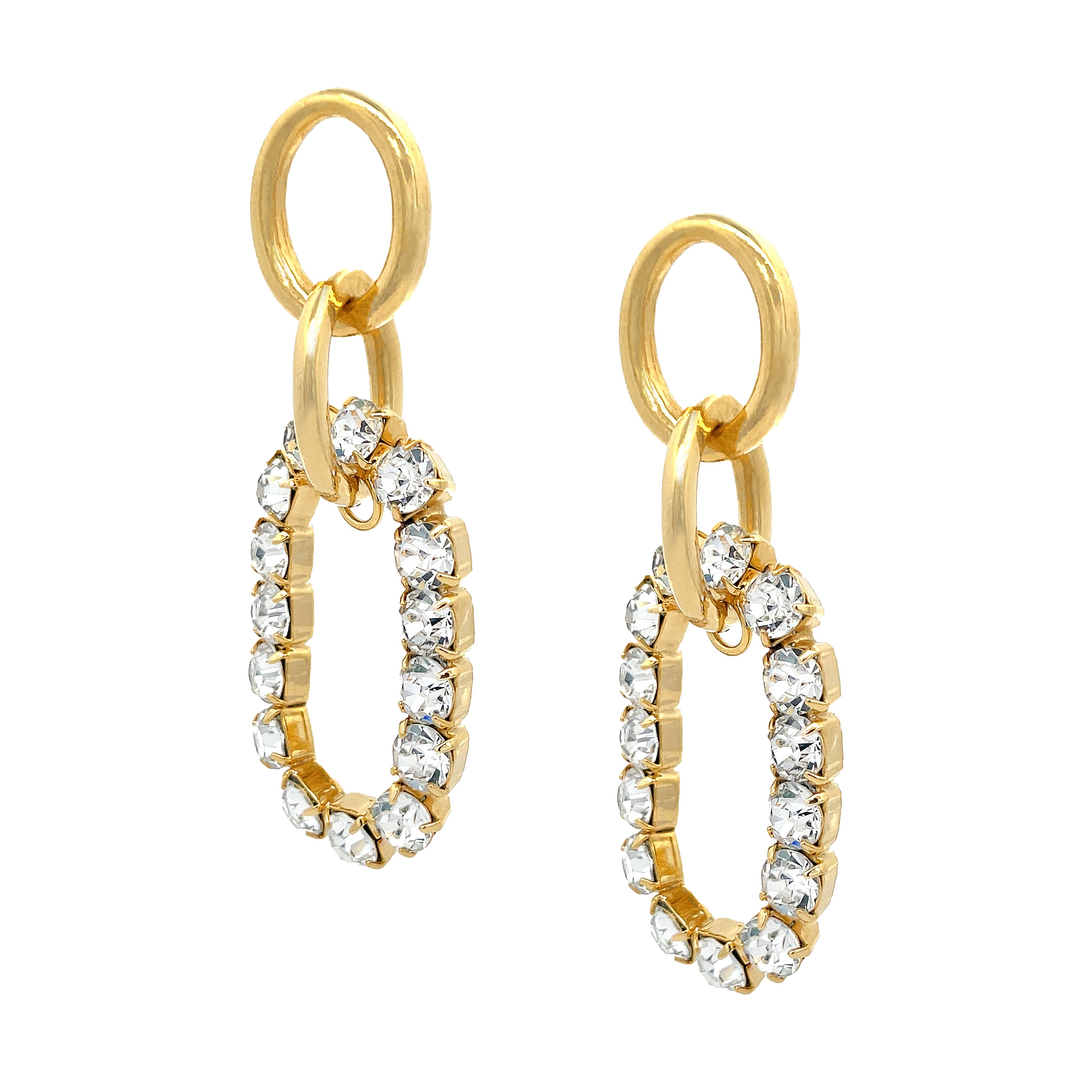 Crystal Oval Drop Pierced Earrings   Yellow Gold Plated Cubic Zirconia 2.90" Length X 1.12" Width