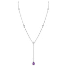 Amethyst Stone Drop Bezel Set Lariat Necklace  14K Yellow or White Gold Plated Can be worn 17 to 21 inches, Adjustable Round CZs approximately 0.15 ct each&nbsp; Center Pear CZ approximately 0.35 ct Lariat drop is 2 inches long