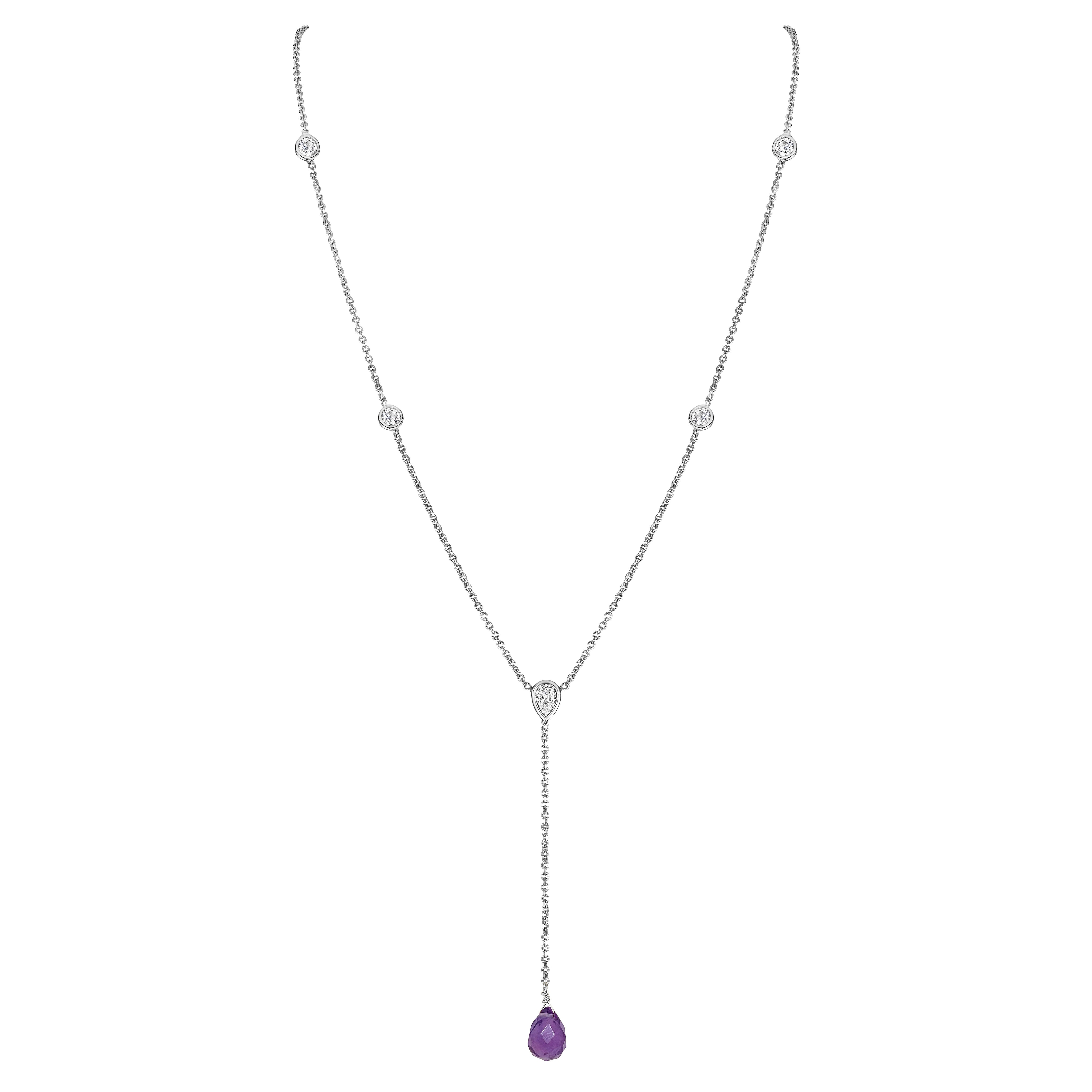 Amethyst Stone Drop Bezel Set Lariat Necklace  14K Yellow or White Gold Plated Can be worn 17 to 21 inches, Adjustable Round CZs approximately 0.15 ct each&nbsp; Center Pear CZ approximately 0.35 ct Lariat drop is 2 inches long