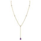 Amethyst Stone Drop Bezel Set Lariat Necklace  14K Yellow or White Gold Plated Can be worn 17 to 21 inches, Adjustable Round CZs approximately 0.15 ct each&nbsp; Center Pear CZ approximately 0.35 ct Lariat drop is 2 inches long