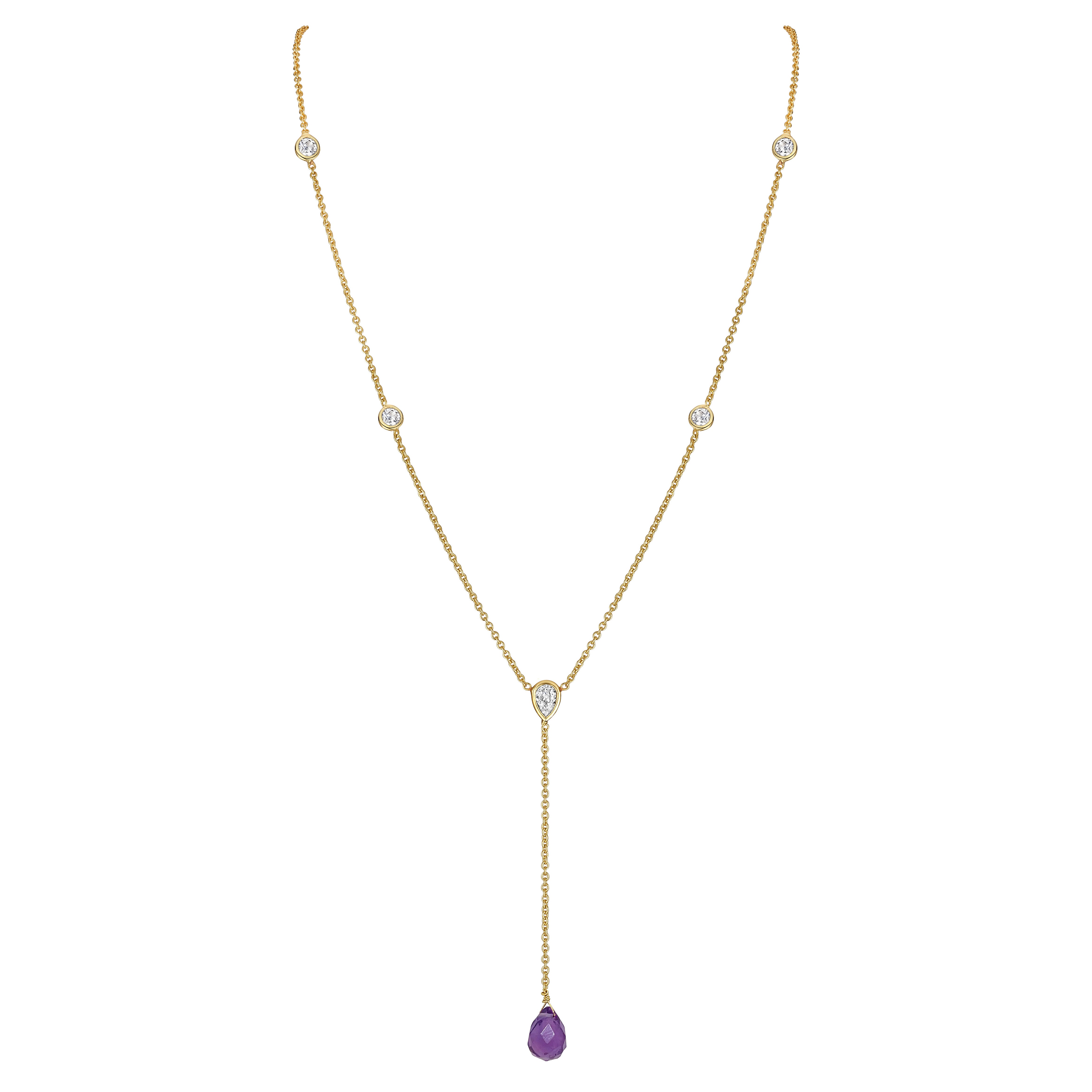 Amethyst Stone Drop Bezel Set Lariat Necklace  14K Yellow or White Gold Plated Can be worn 17 to 21 inches, Adjustable Round CZs approximately 0.15 ct each&nbsp; Center Pear CZ approximately 0.35 ct Lariat drop is 2 inches long