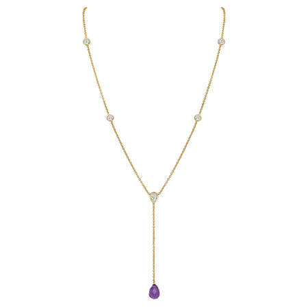 Amethyst Stone Drop Bezel Set Lariat Necklace  14K Yellow or White Gold Plated Can be worn 17 to 21 inches, Adjustable Round CZs approximately 0.15 ct each&nbsp; Center Pear CZ approximately 0.35 ct Lariat drop is 2 inches long