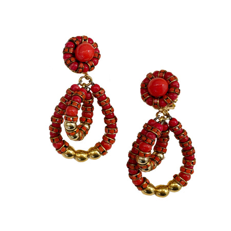 Small Coral Open Concentric Teardrop Earrings with Red Rondelles  Yellow Gold Plated 1.0" Length X 2.0" Width