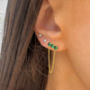 Green CZ Chain Drop Pierced Earrings  Yellow Gold Plated Over Silver 1.15" Long X 0.43" Wide