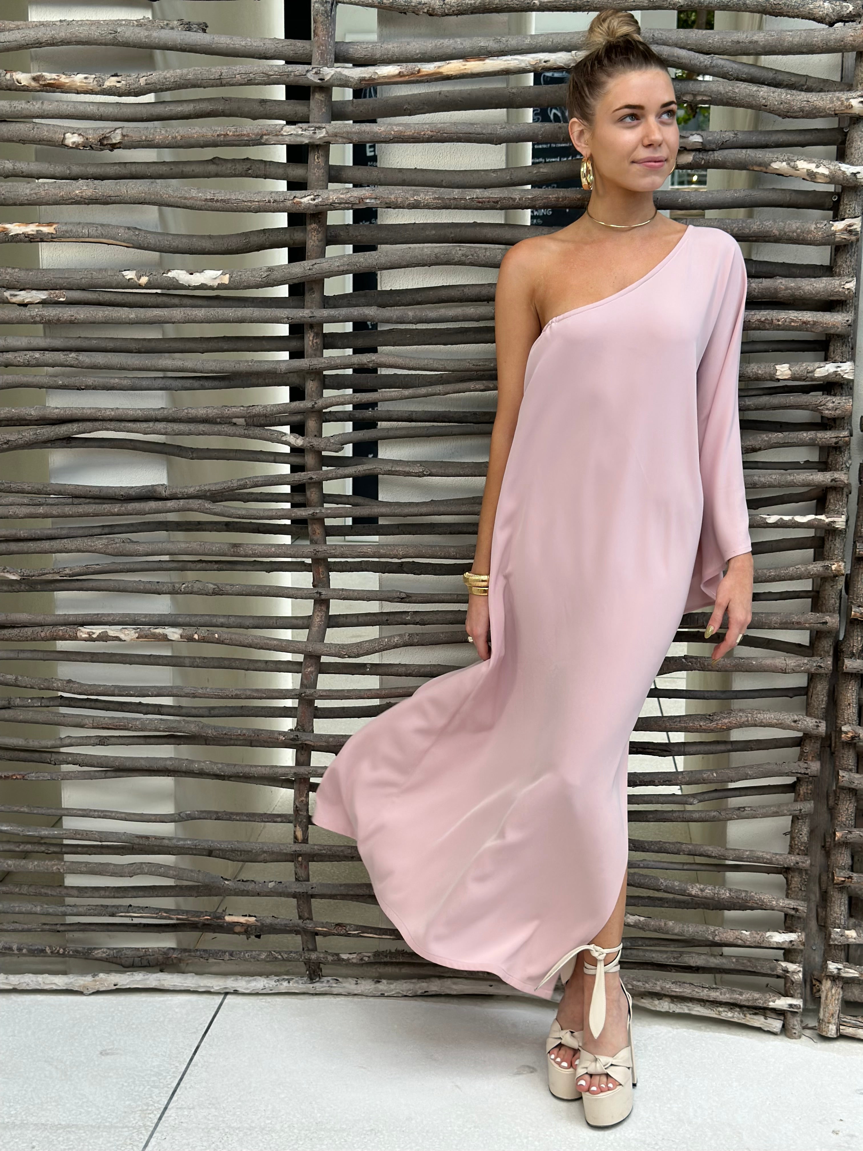 jewelry one shoulder dress One Shoulder Dress With Jewelry Paloma One Shoulder Knit Maxi Dress With Flowers Baby Pink