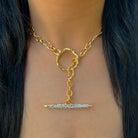 Lariat Organic Curve &amp; Pave Crystal Toggle Necklace

14K Yellow &amp; White Gold Plated
2.5" Long
1.5: Wide Toggle

Design by Alexis Bittar