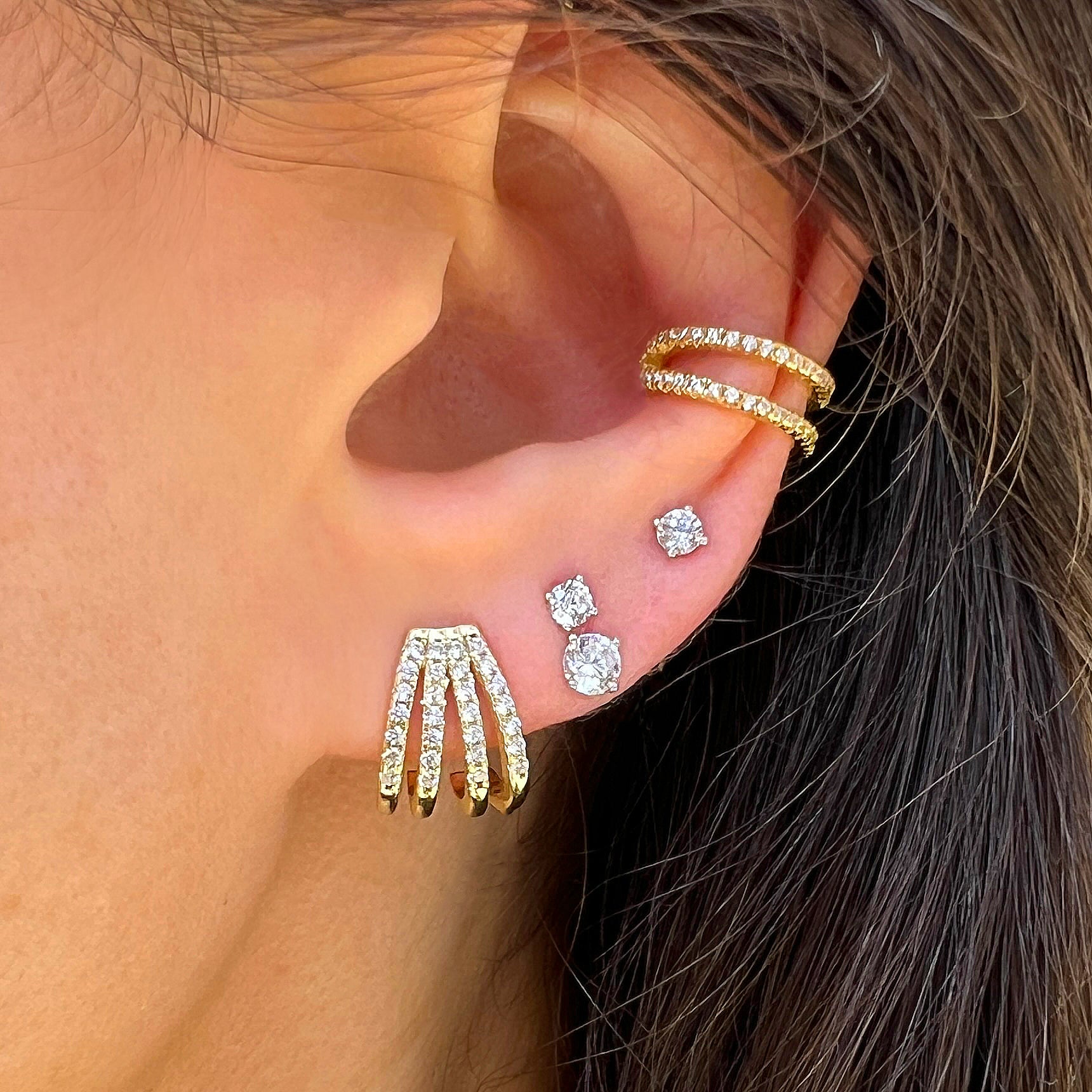 White Gold 4 Layer Huggie Earrings View 2