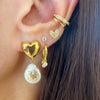 Heart &amp; Pearl Drop With Gold Flakes Pierced Earring  Yellow Gold Plated 1.25" Long X 0.50" Wide