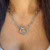 Horseshoe Link Necklace&nbsp;  White Gold Plated Horseshoe: 1" Long X 0.75" Wide Links:&nbsp; 0.65" Long X 0.31" Wide 17-19" Adjustable Length