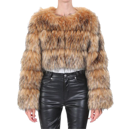 Camel Tiered Faux Fur Cropped Jacket