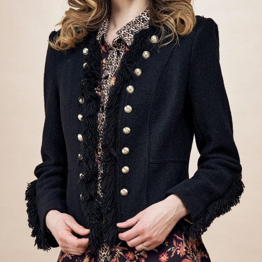 Black Fringe Button Front Blazer
