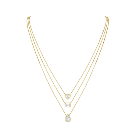 Triple Strand CZ Layered Necklace  14K Yellow or White Gold Plated  Can be worn 16 to 22 inches, Adjustable  3 Bezel-set high intensity CZ stones  Heart Shaped CZ approximately 1 CT  Center Emerald Cut CZ approximately 1 CT Pear Shape CZ approximately 1.25 CT 3 Strand 1mm Cable Link Chain with Lobster Clasp