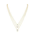 Triple Strand CZ Layered Necklace  14K Yellow or White Gold Plated  Can be worn 16 to 22 inches, Adjustable  3 Bezel-set high intensity CZ stones  Heart Shaped CZ approximately 1 CT  Center Emerald Cut CZ approximately 1 CT Pear Shape CZ approximately 1.25 CT 3 Strand 1mm Cable Link Chain with Lobster Clasp