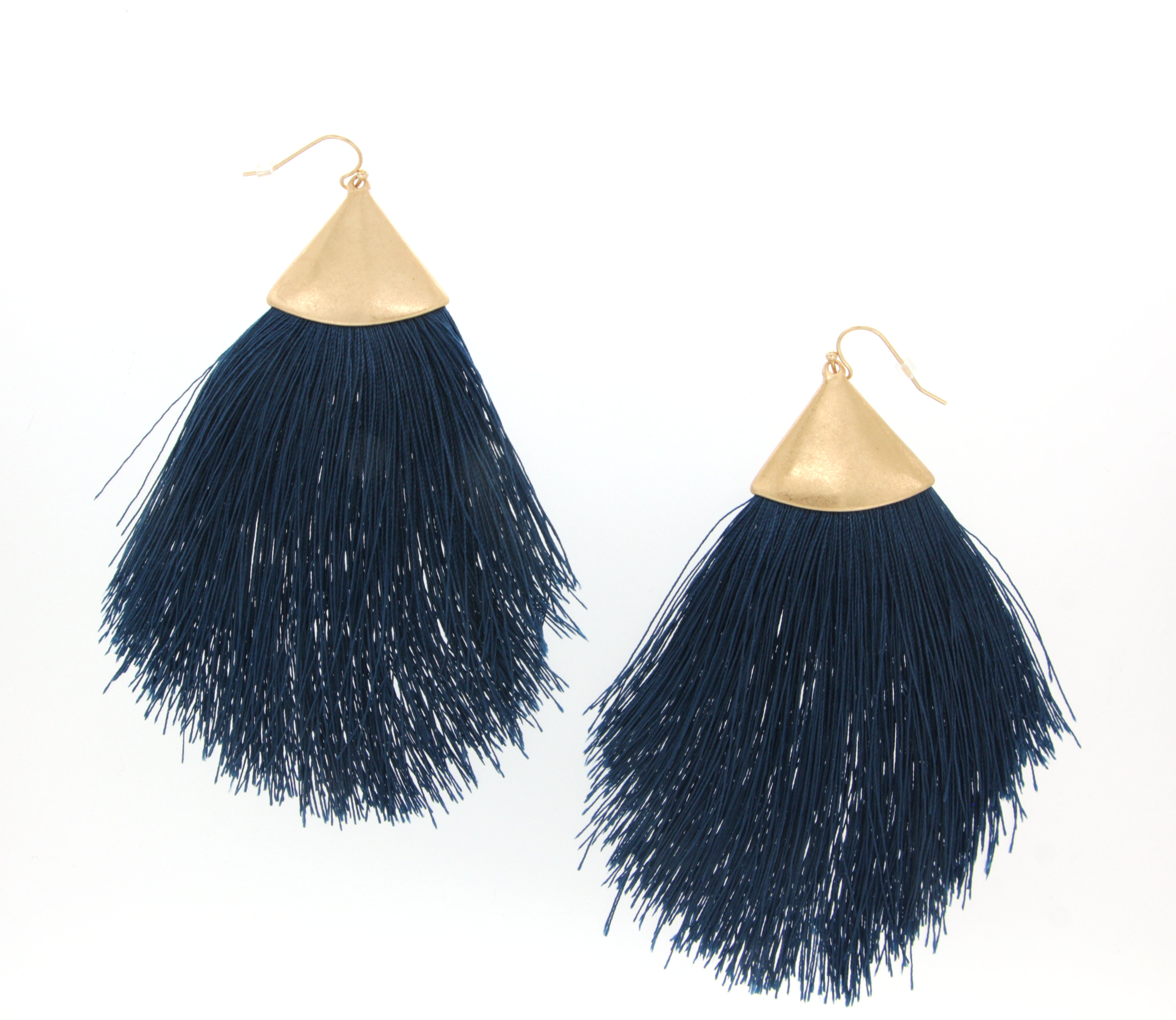 Navy blue tassel earrings with gold tops on a white background