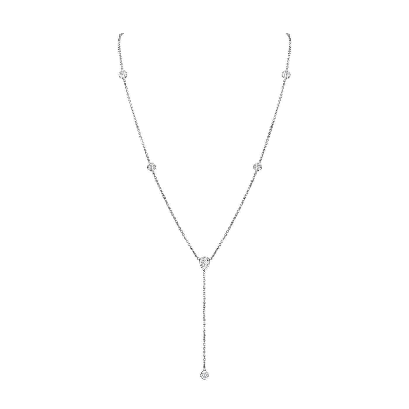 Bezel Set Lariat Necklace  14K Yellow or White Gold Plated Can be worn 17 to 21 inches, Adjustable Round CZs approximately 0.15 ct each  Center Pear CZ approximately 0.35 ct Lariat drop is 2 inches long