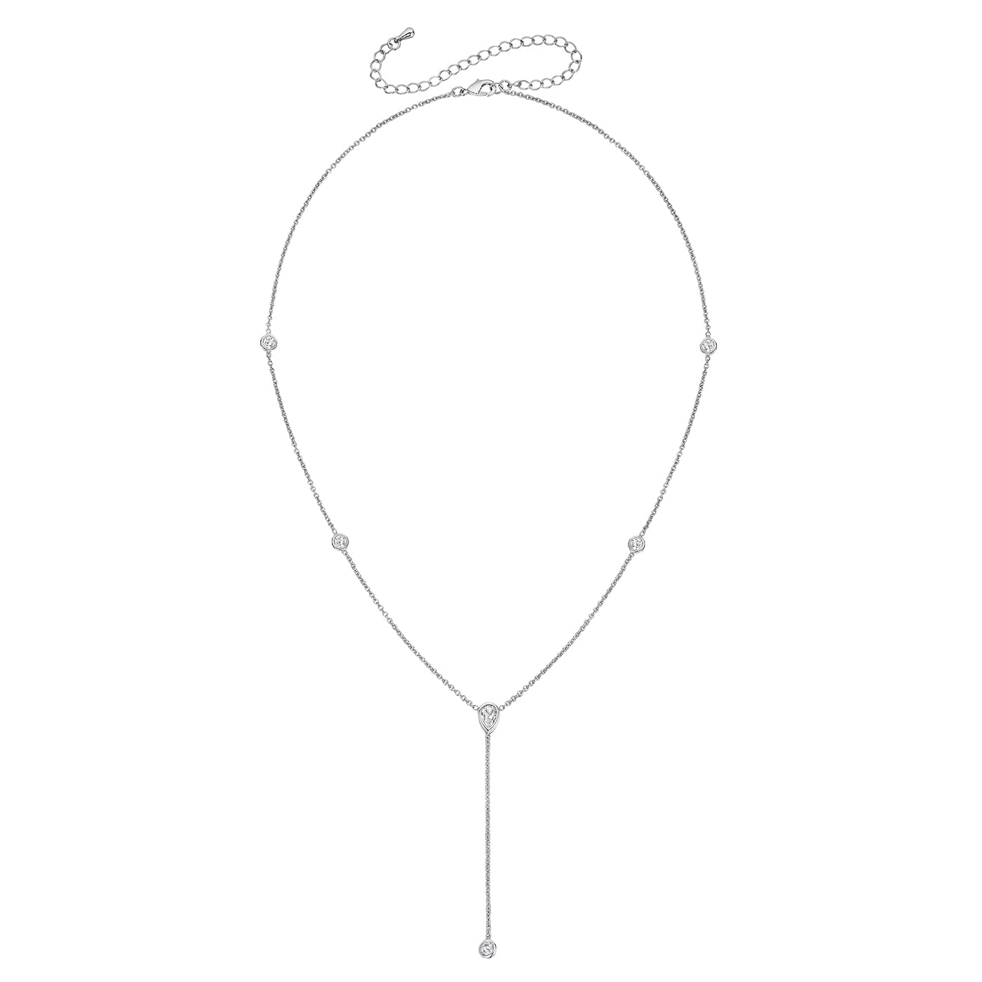 Bezel Set Lariat Necklace  14K Yellow or White Gold Plated Can be worn 17 to 21 inches, Adjustable Round CZs approximately 0.15 ct each  Center Pear CZ approximately 0.35 ct Lariat drop is 2 inches long