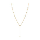 Bezel Set Lariat Necklace  14K Yellow or White Gold Plated Can be worn 17 to 21 inches, Adjustable Round CZs approximately 0.15 ct each  Center Pear CZ approximately 0.35 ct Lariat drop is 2 inches long