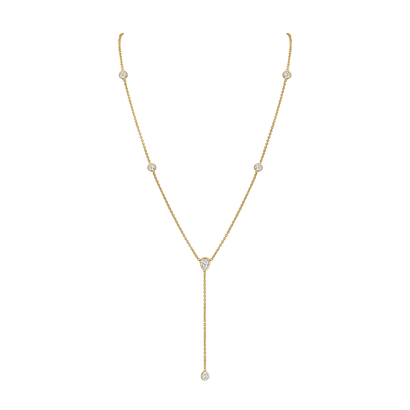 Bezel Set Lariat Necklace  14K Yellow or White Gold Plated Can be worn 17 to 21 inches, Adjustable Round CZs approximately 0.15 ct each  Center Pear CZ approximately 0.35 ct Lariat drop is 2 inches long