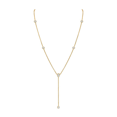 Bezel Set Lariat Necklace  14K Yellow or White Gold Plated Can be worn 17 to 21 inches, Adjustable Round CZs approximately 0.15 ct each  Center Pear CZ approximately 0.35 ct Lariat drop is 2 inches long view 1