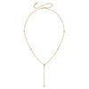 Bezel Set Lariat Necklace  14K Yellow or White Gold Plated Can be worn 17 to 21 inches, Adjustable Round CZs approximately 0.15 ct each  Center Pear CZ approximately 0.35 ct Lariat drop is 2 inches long