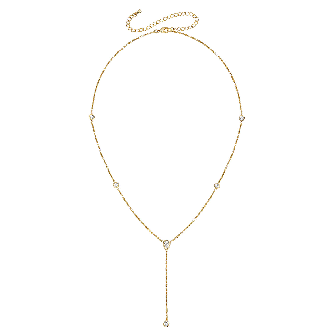 Bezel Set Lariat Necklace  14K Yellow or White Gold Plated Can be worn 17 to 21 inches, Adjustable Round CZs approximately 0.15 ct each  Center Pear CZ approximately 0.35 ct Lariat drop is 2 inches long