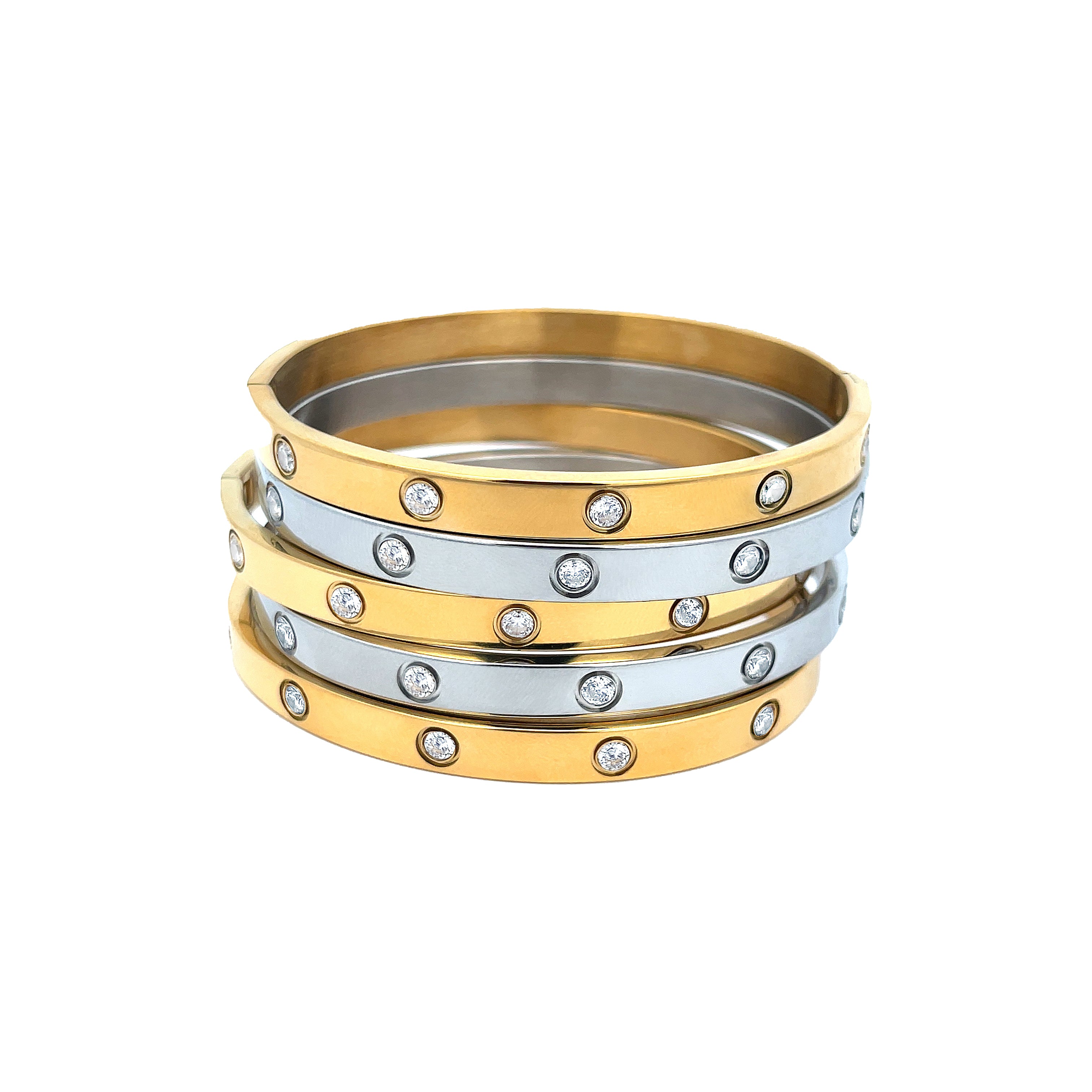 Crystal Eternity Bangle Bracelet  Yellow Gold Plated Over Stainless Steel Oval Shape: 1.95" X 2.35" 0.24" Width Hinge Closure