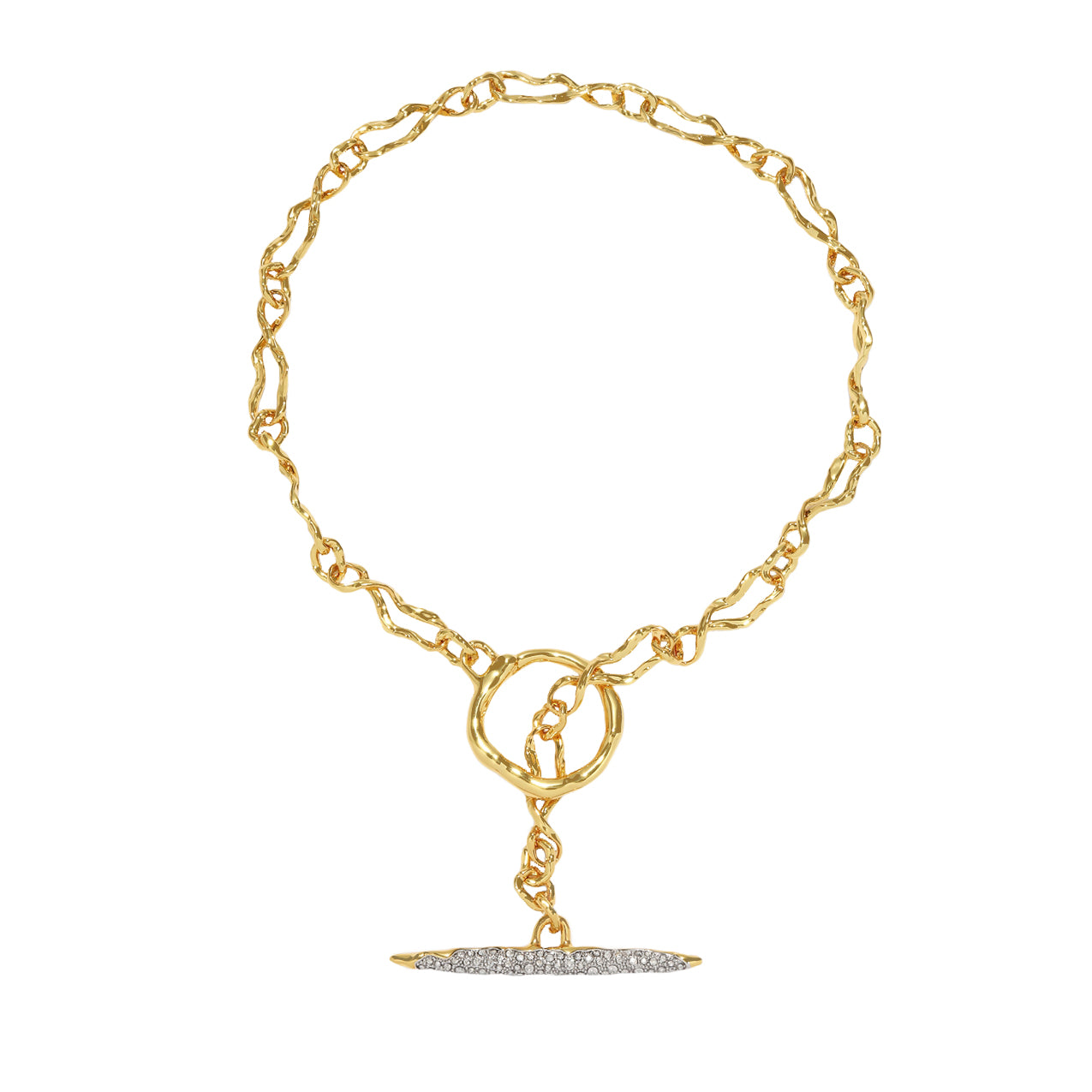 Gold chain bracelet with a diamond-studded bar charm on a white background