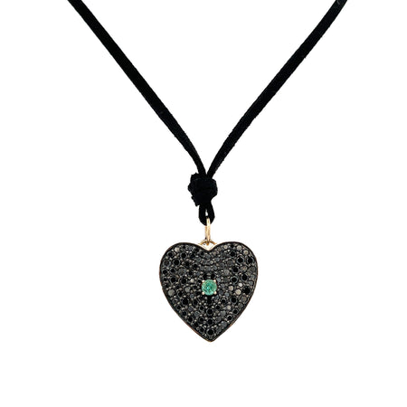 Black Diamond & Emerald Heart Necklace 14K Yellow Gold 2.99 Black Diamond Carat Weight Heart: 1" Diameter 14-18" Adjustable Length