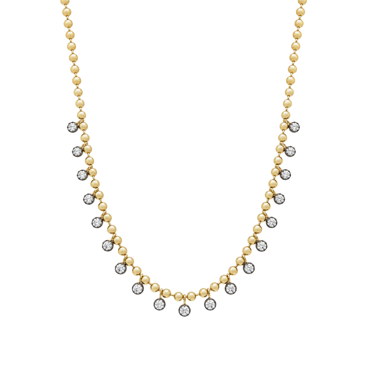 14K Diamond Drop Bead Chain Necklace

14K Yellow Gold &amp; Oxidized Gold
1.98 Diamond Carat Weight
Drop: 0.13" Wide
16-18" Adjustable Length
