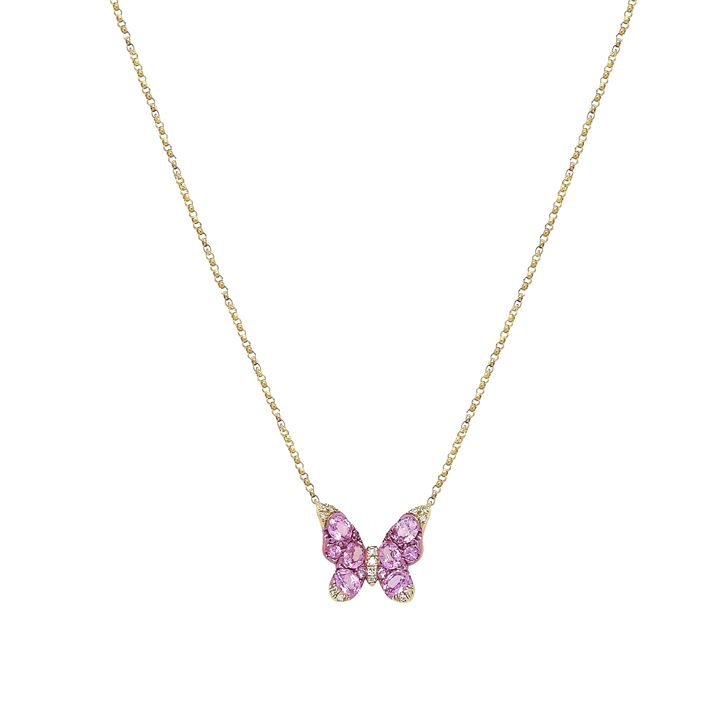 Diamond &amp; Pink Sapphire Butterfly Necklace

This playful and unique necklace features a delicate butterfly design, adorned with a vibrant pink sapphire. Add a touch of whimsy to your look with this stunning accessory. Perfect for any occasion, it's sure to make a statement and spark conversation.

14K Yellow Gold
0.08 Diamond Carat Weight

1.33 Pink Sapphire Carat Weight
Butterfly: 0.55" Long X 0.60" Wide

16-18" Adjustable Length