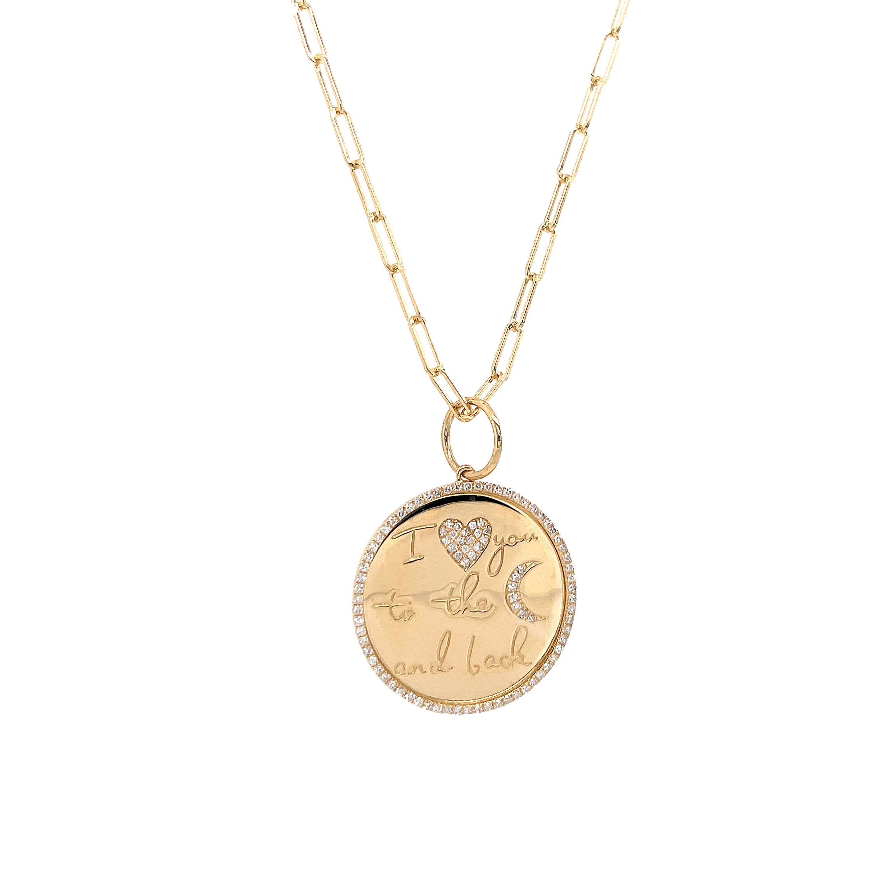 Diamond " I heart you to the moon and back" Disc On Paperclip Chain Necklace  14K Yellow Gold 0.26 Diamond Carat Weight Disc: 0.85" Diameter Chain: 18" Long  