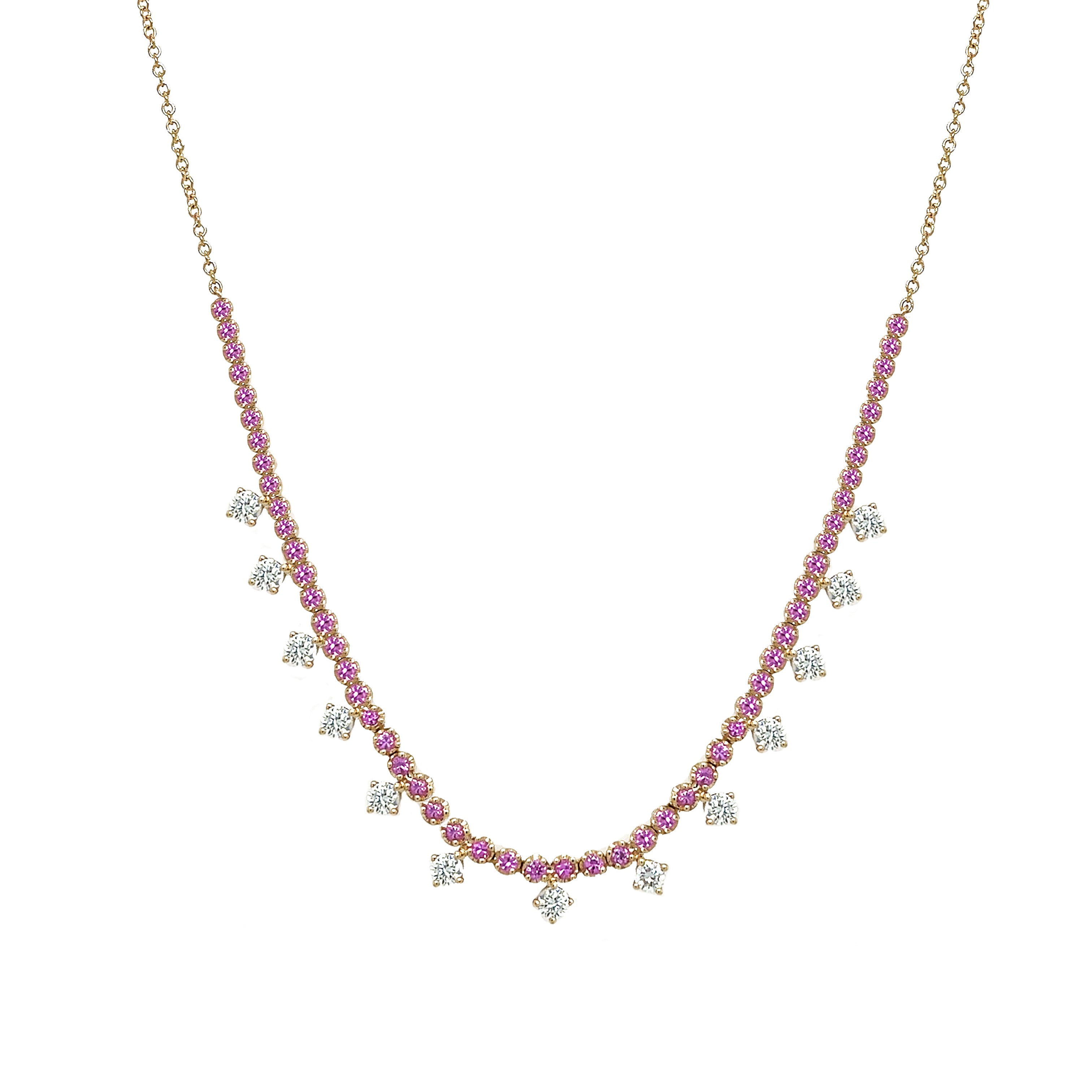 Diamond &amp; Pink Sapphire Dangle Necklace

This exquisite necklace showcases a beautiful pink sapphire, adding a vibrant pop of color to your jewelry collection. Its unique design is sure to make a statement and elevate any outfit.

14K Yellow Gold
1.10 Diamond Carat Weight

1.48 Pink Sapphire Carat Weight
Diamond Dangles: 0.27" Wide

16-18" Adjustable Length