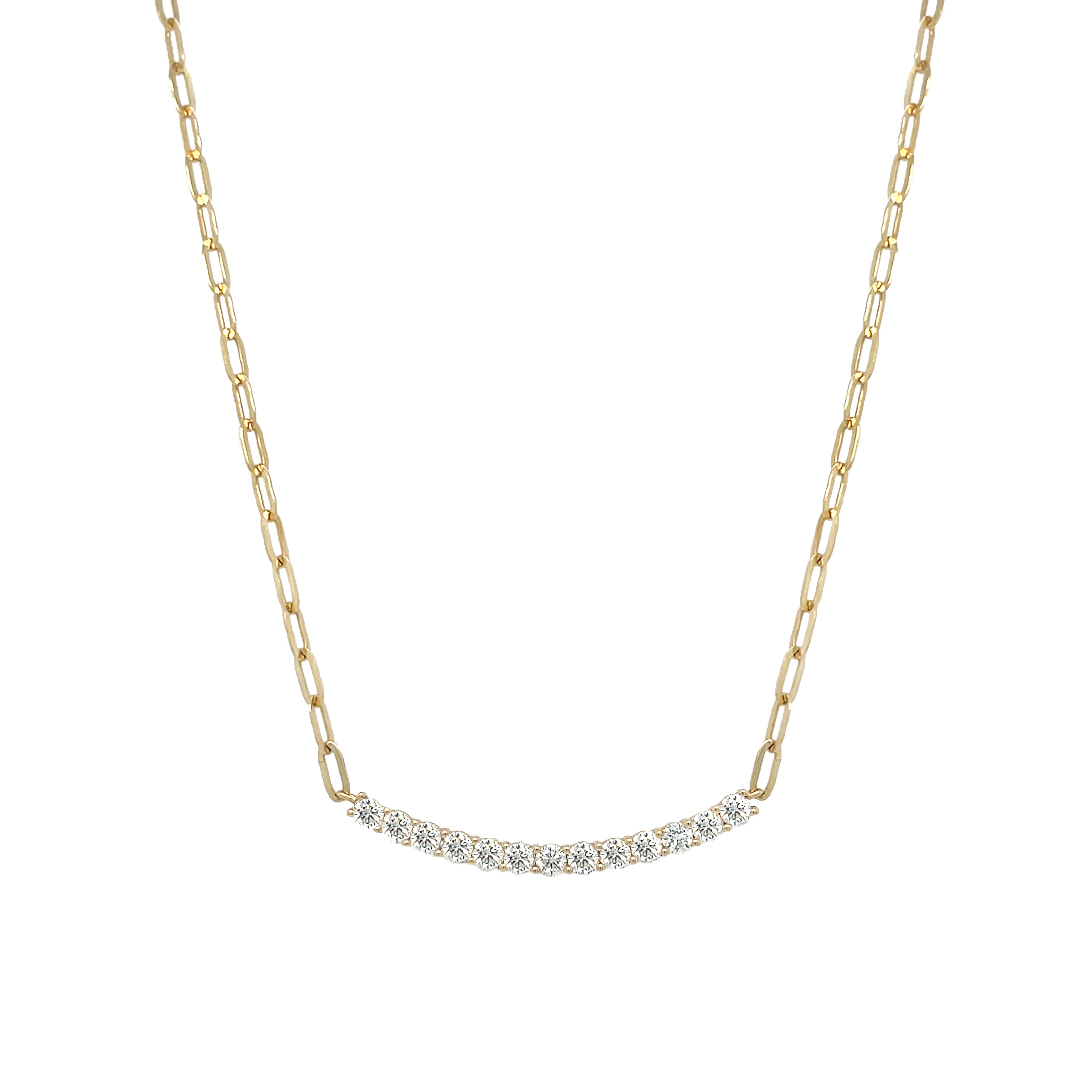 Diamond Curve Bar Necklace

14K Yellow Gold
1 Carat Diamond Weight
Diamond Bar: 0.10" Long X 1.35" Wide
16-18" Adjustable Length