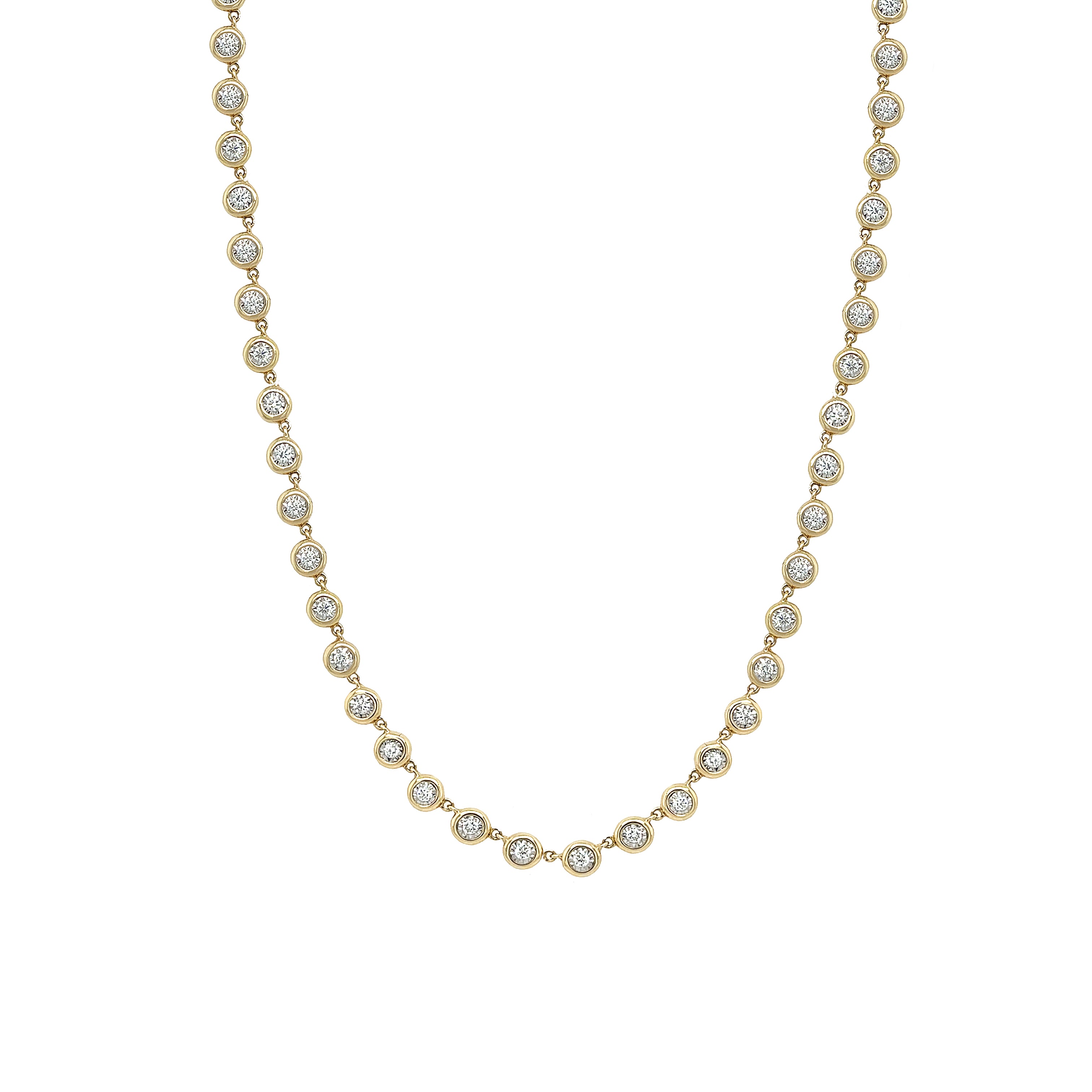 Gold necklace with diamond beads on a white background