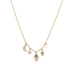 Diamond Multi Charm Necklace  14K Yellow Gold 16-18" Adjustable Length Moon: 0.44" Long X 0.24" Wide Sun: 0.30" Long X 0.22" Wide Hamsa: 0.52" Long X 0.33" Wide Eye: 0.40" Long X 0.18" Wide Pearl: 0.33" Long X 0.19" Wide